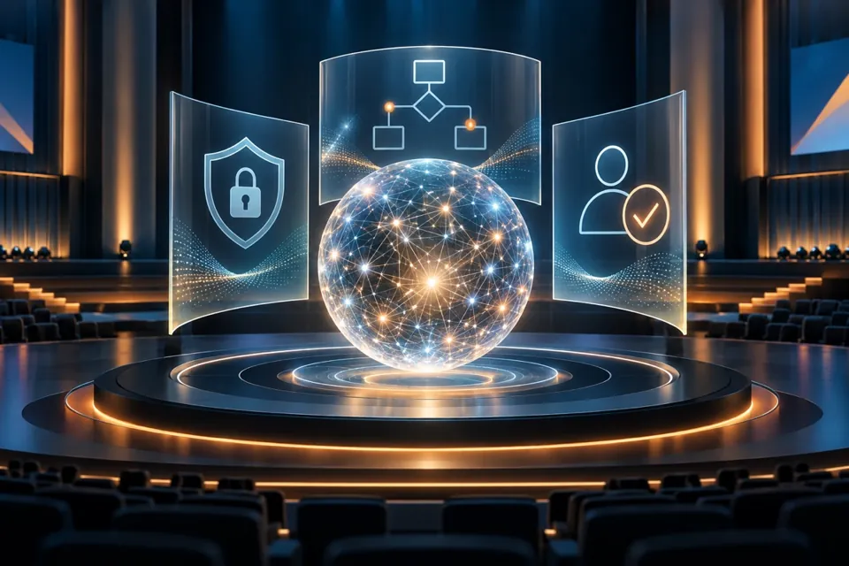 Concept illustration of artificial intelligence surrounded by security controls, processes and human approval